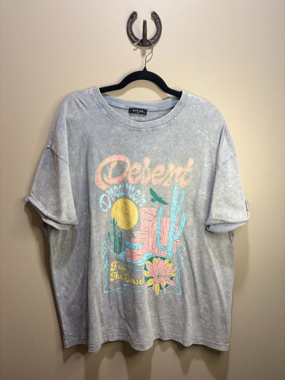 Zutter Desert Dreamer Acid Wash Graphic Tee Large Blue Grey Boho Oversized Top